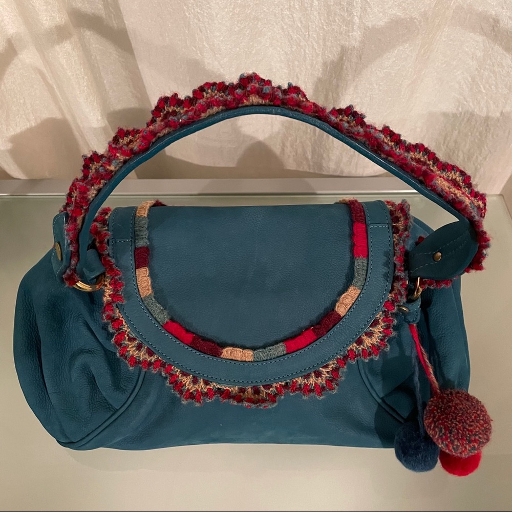 Moschino Blue Leather with Crocheted Accents Shoulder Bag - Picture 6 of 11